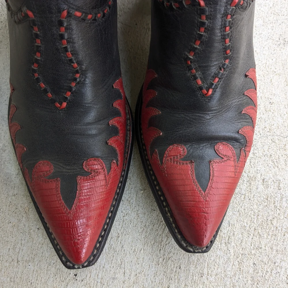Tony Lama Cowboy Boots Red Black Lizard Leather Men 8.5 D - Picture 6 of 15